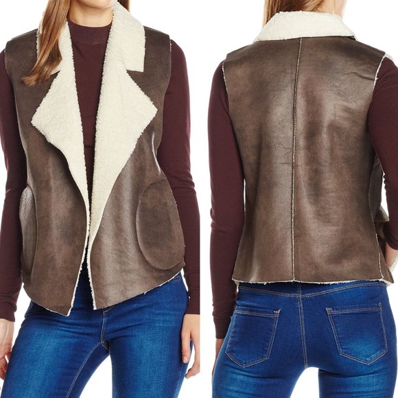 NEW French Connection Faux Suede Shearling Teddy Lined Open Vest Brown Soft sz L - Picture 1 of 4